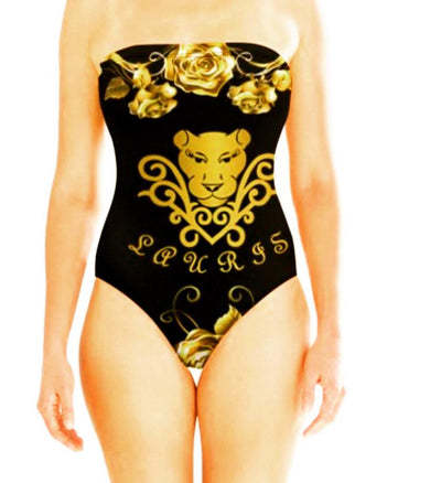 Lauris Couture Strapless Black & Gold One Piece Swimsuit